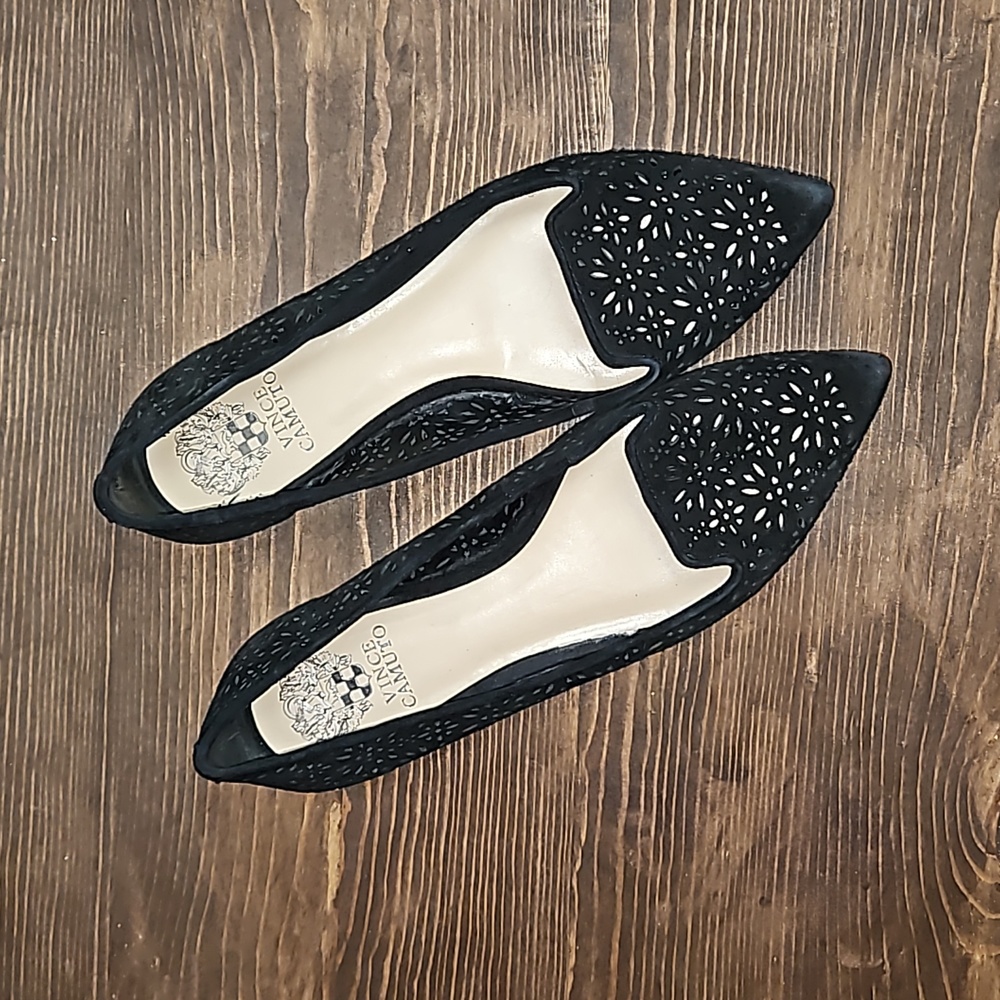 Vince Camuto Estina Cutout Black Suede Flats - Size 8